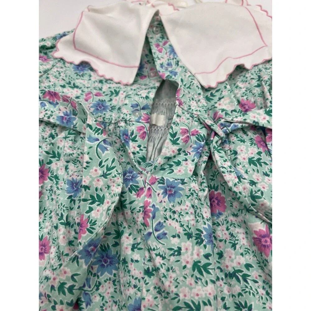 Vintage Rosey Kids Smocked Bishop Dress Girl 3T Blue Floral Embroidery